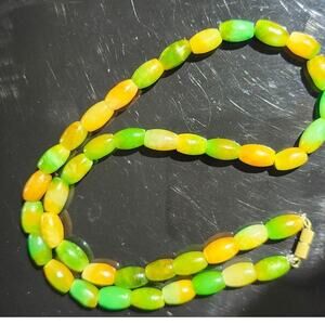 Vintage Fu Lu Shou Peking Glass Rice Bead Necklace Czech Ribbed Barrel Clasp